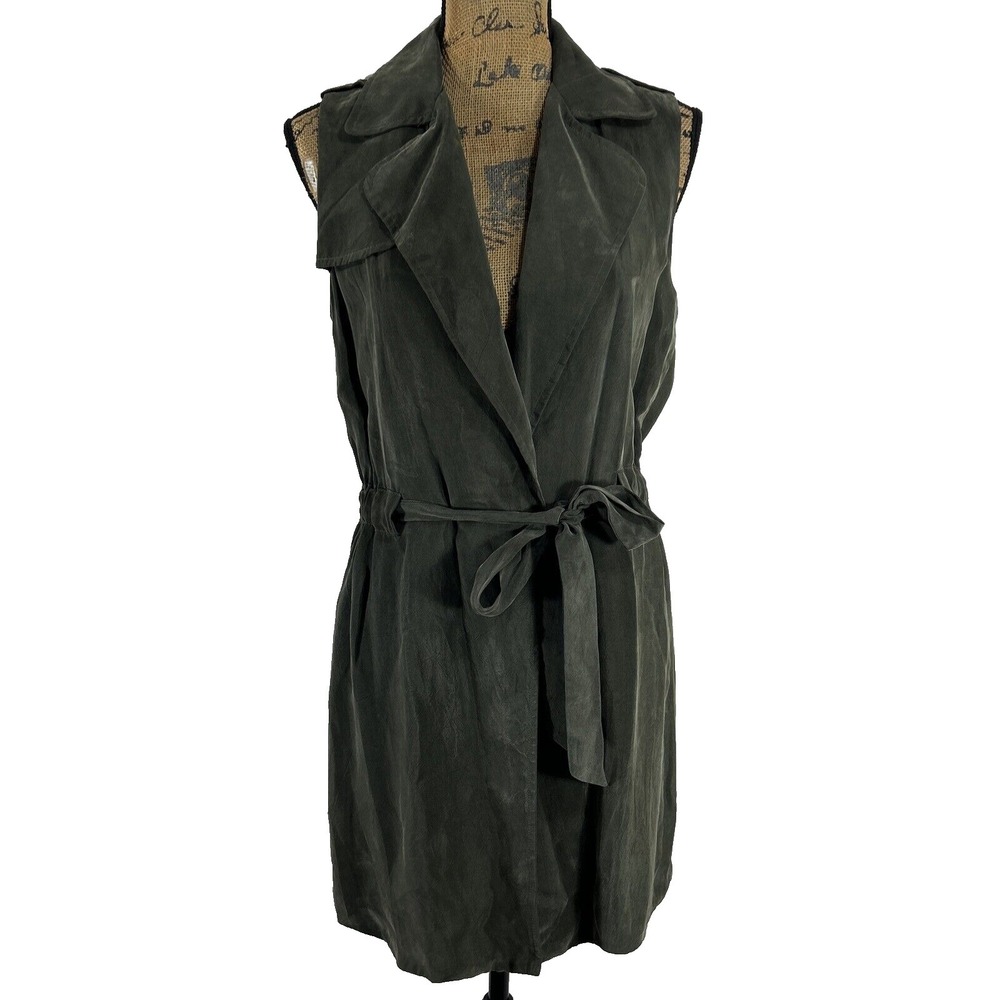 Elevenses Wrap‎ Jacket SMALL Tie Olive Green Anthropologie 100% Cupro Sleeveless